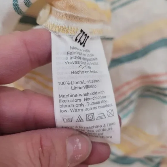 Madewell Pineapple Stripe Linen Short Sleeve Button Up Tie Front Top Size L - Picture 5 of 6